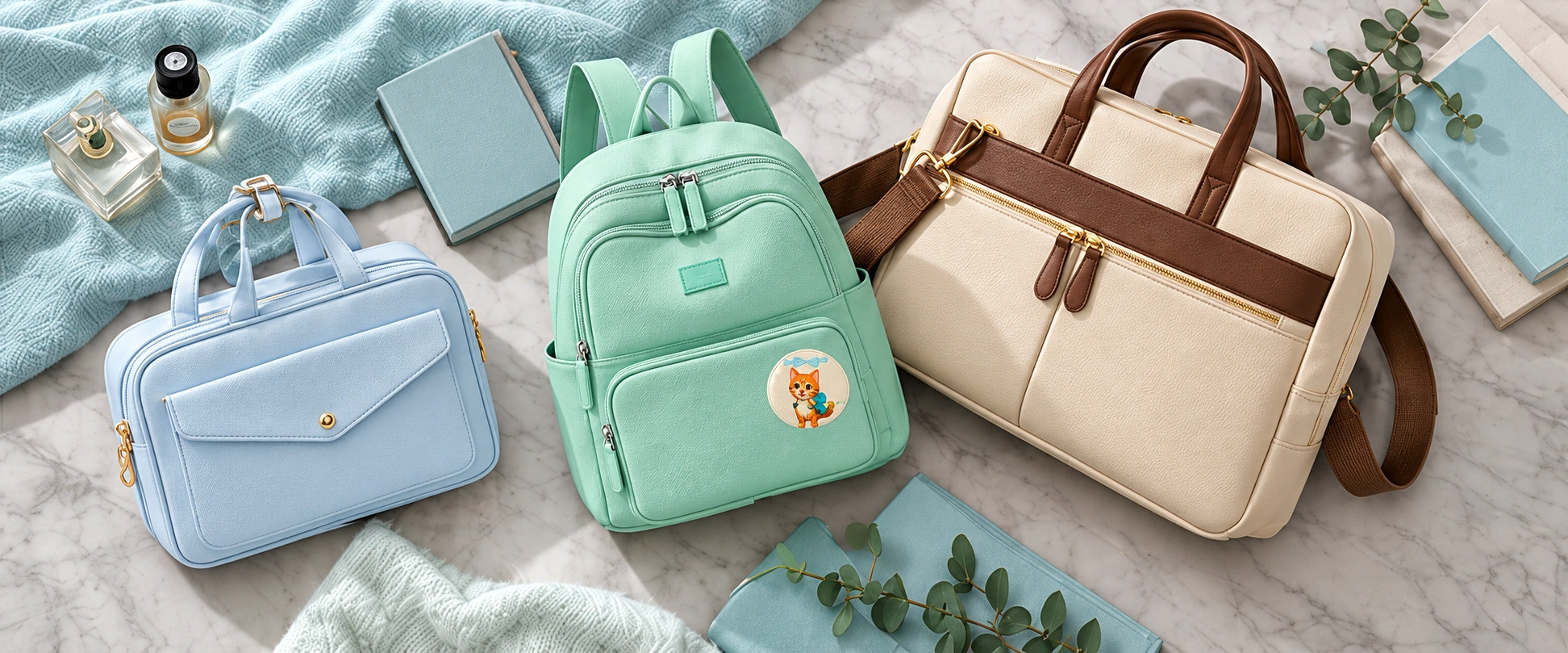 Powder-blue organiser, mint backpack and beige laptop bag with everyday essentials.