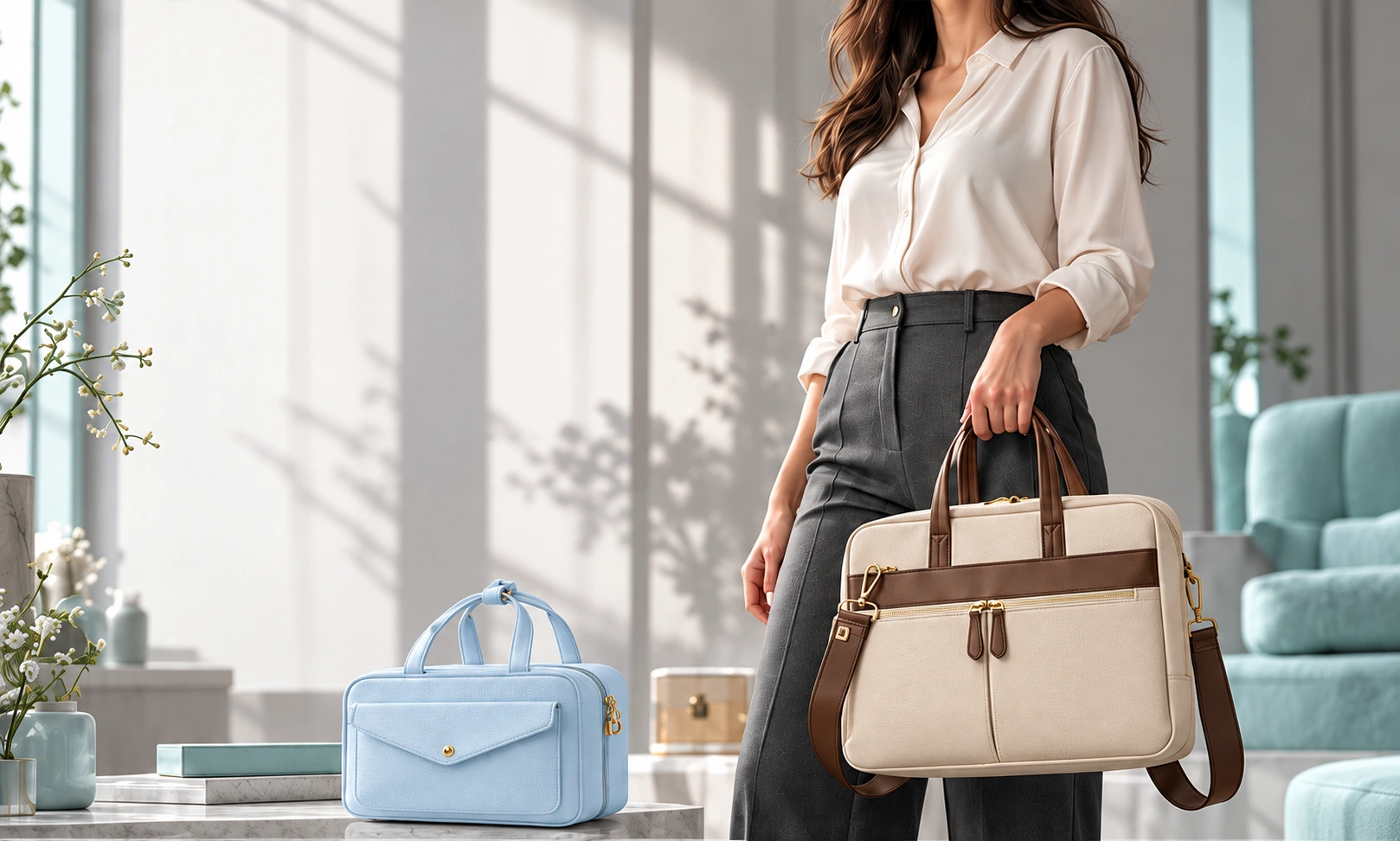 A woman carrying a beige laptop bag in a calm room with aqua accents.